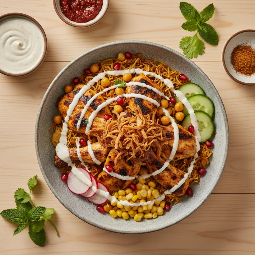 Kayan Bowl mit Hähnchen, Kichererbsen, Mais und Granatapfel