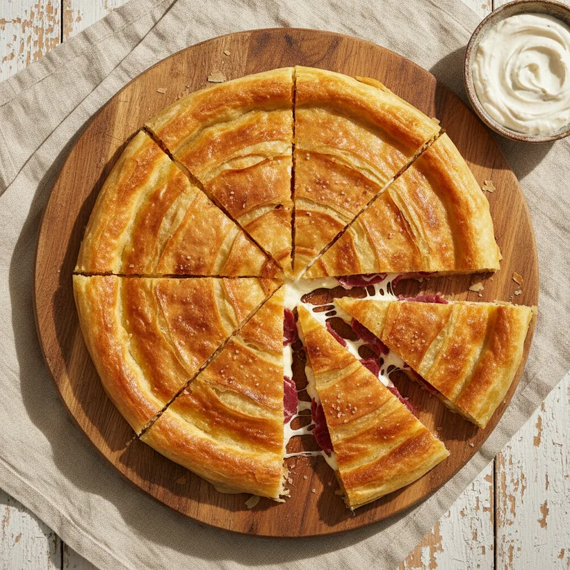 Feteer mit Pastrma und Käse, in Stücke geschnitten