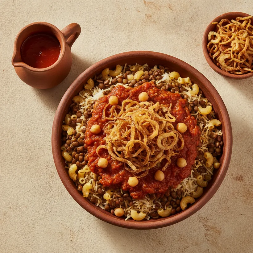 Koshari mit Reis, Linsen, Makkaroni und Röstzwiebeln